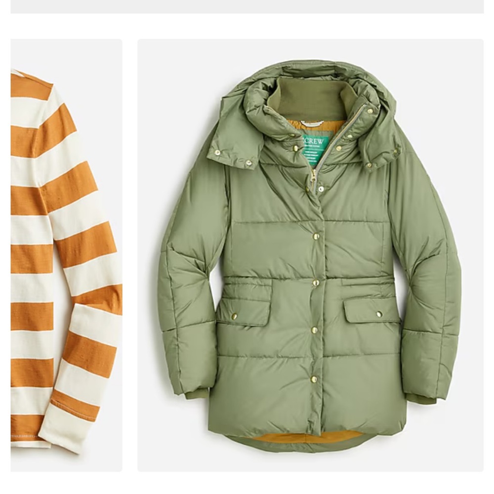 J. Crew Sage Green Hooded Puffer Coat